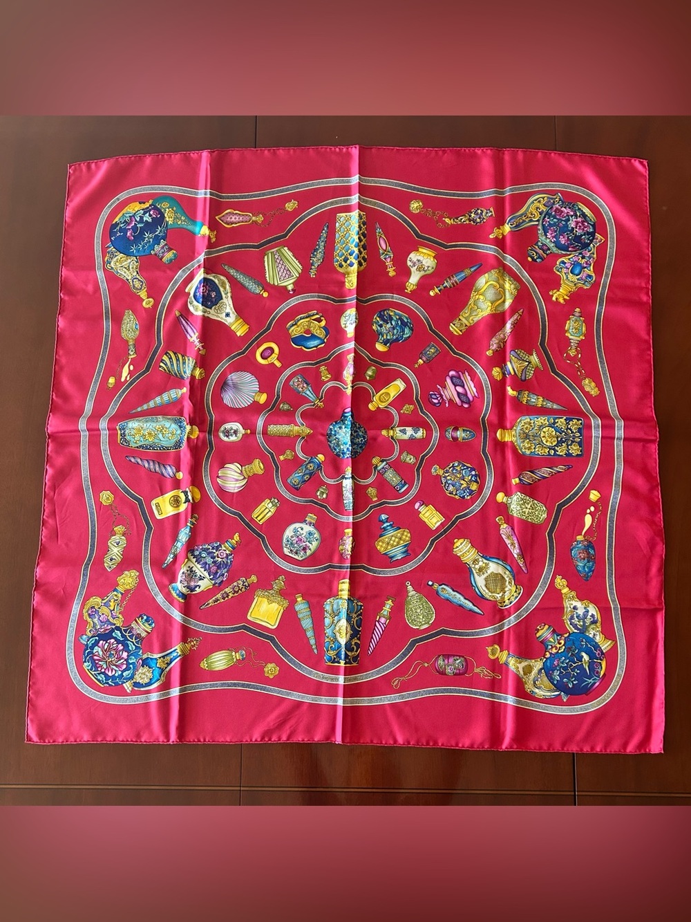 Hermes Red Silk Scarf with Multicolor Motif